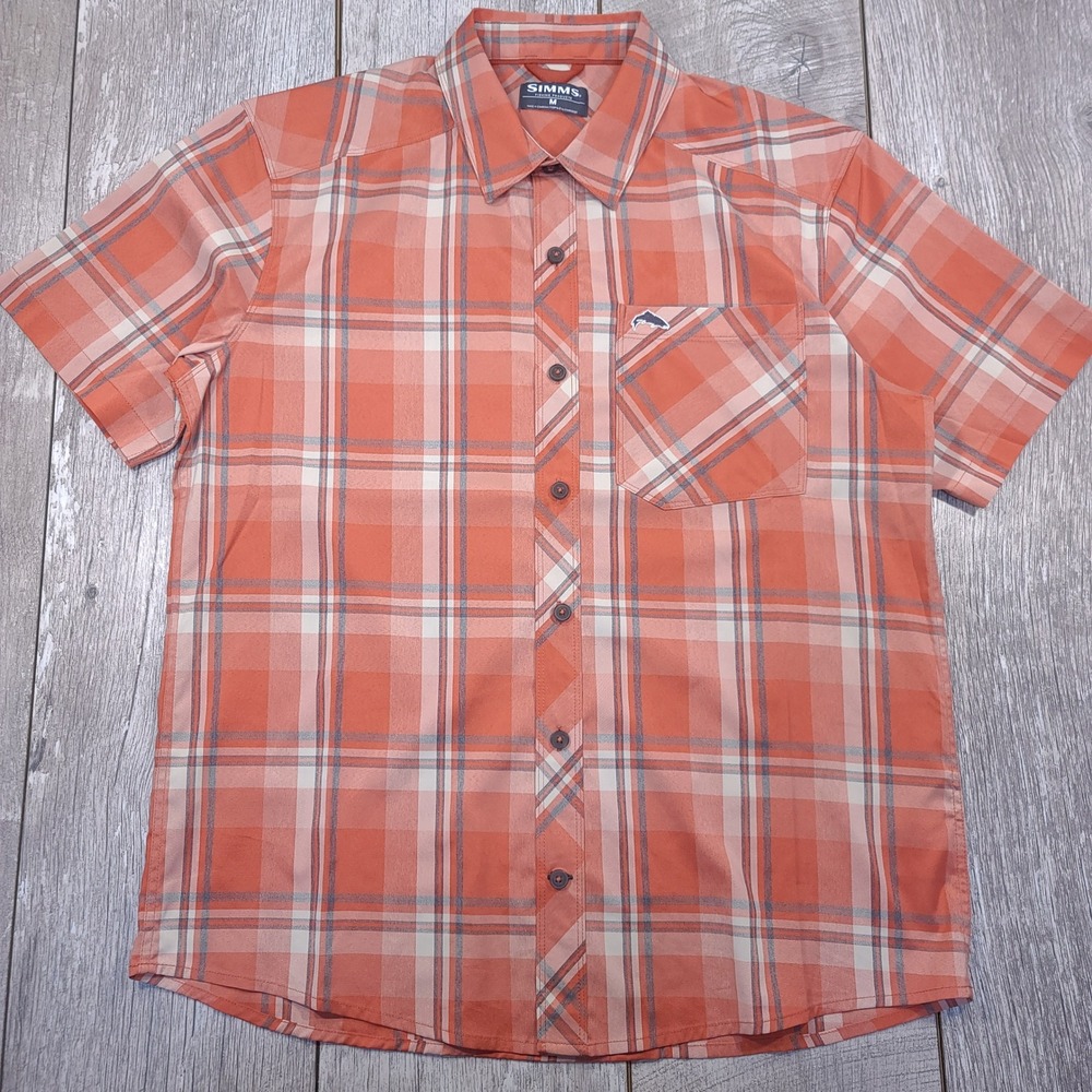 Simms Outpost Button Shirt Mens M Orange Plaid Short Sleeve Fishing Outdoor